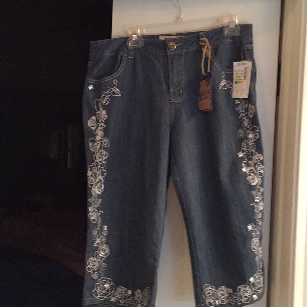Blue jean capri’s with rhinestones and stitching